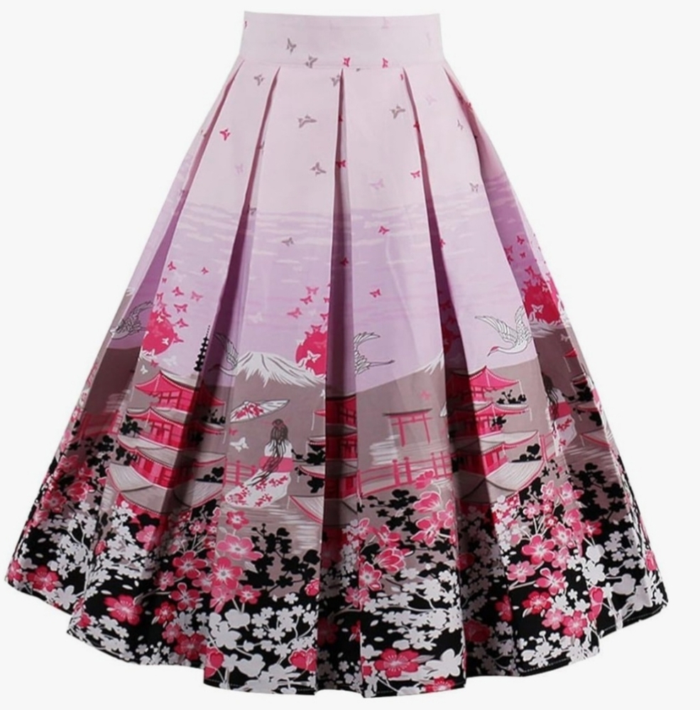 OBBUE Vintage Pleated Skirt Floral A-line Printed Midi Skirts